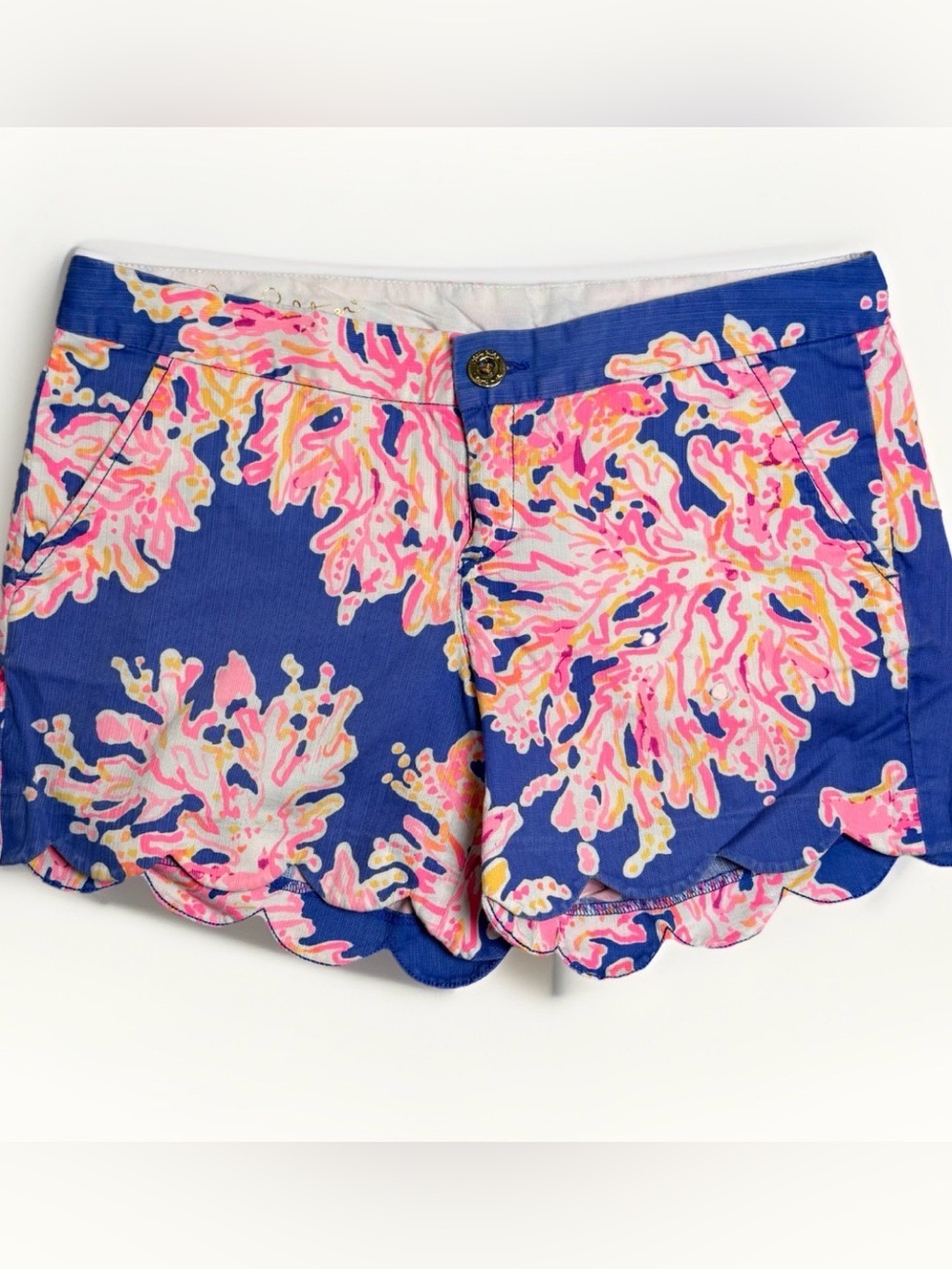 Lilly Pulitzer Buttercup Shorts Sz 6 Blue Hot Pink Coral Reef Scallop Tropical - Picture 1 of 8